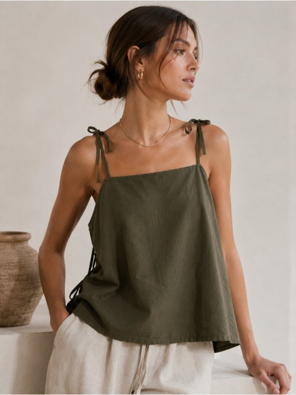 Paper Label Olive Tie Strap Top NWT Size L